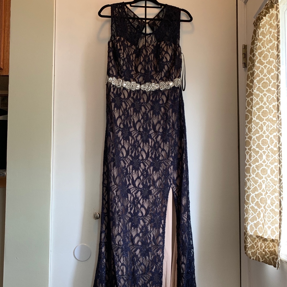 Navy Lace, Fitted Floor Length Gown Jeweled Waist
